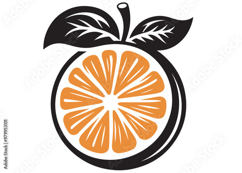 Orange silhouette vector illustration, orange fruit with leaf flat vector logo icon, orange fruit vector, silhouette orange fruit black color, orange logo icon vector illustration.