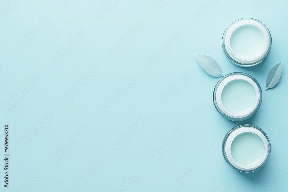 Face cream in jars on light blue background, flat lay. Space for text .generative ai Face cream in jars on light blue background, flat lay. Space for text .generative ai