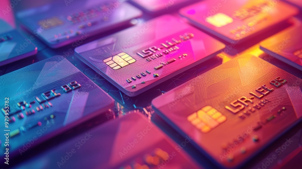 Several credit cards arranged in a grid pattern with glowing lights and metallic details. Abstract close-up photography. Financial technology and payment concept for digital transactions. Several credit cards arranged in a grid pattern with glowing lights and metallic details. Abstract close-up photography. Financial technology and payment concept for digital transactions.