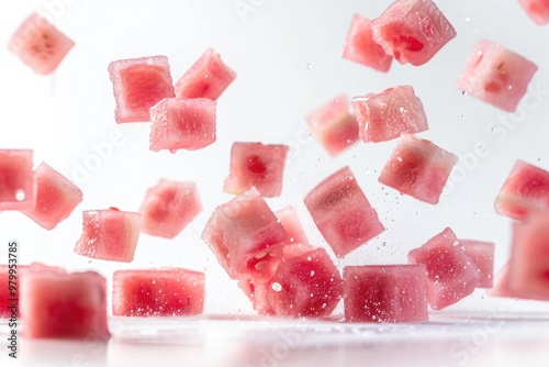 Fresh watermelon cubes suspended in the air, perfect for a summer still life or party decoration