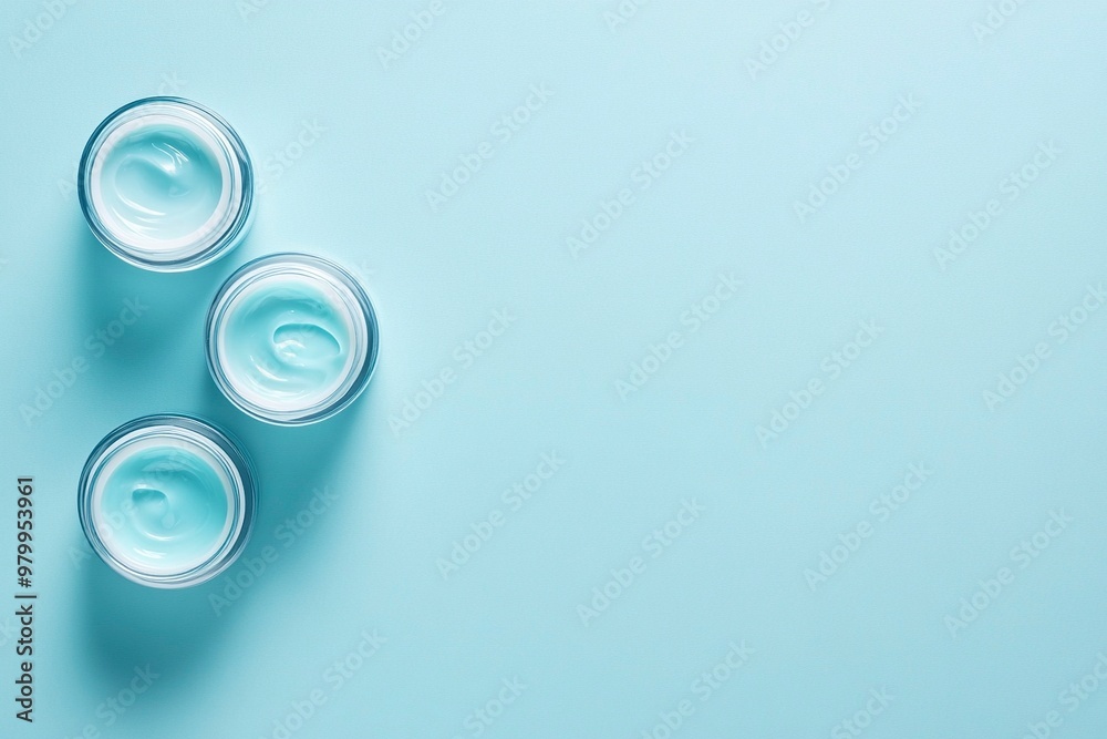 Face cream in jars on light blue background, flat lay. Space for text .generative ai Face cream in jars on light blue background, flat lay. Space for text .generative ai
