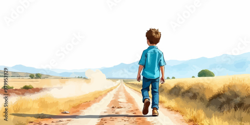 A young child walking alone behind. Watercolor illustration. Digital oil painting vector landscape. Alone boy artwork