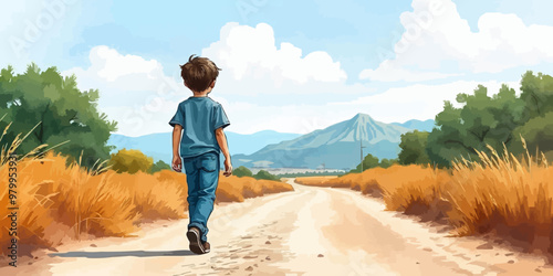 A young child walking alone behind. Watercolor illustration. Digital oil painting vector landscape. Alone boy artwork