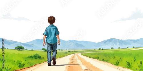 A young child walking alone behind. Watercolor illustration. Digital oil painting vector landscape. Alone boy artwork