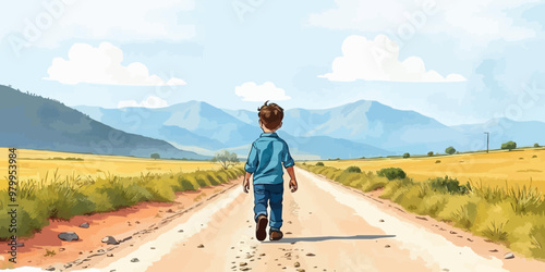 A young child walking alone behind. Watercolor illustration. Digital oil painting vector landscape. Alone boy artwork