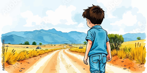 A young child walking alone behind. Watercolor illustration. Digital oil painting vector landscape. Alone boy artwork