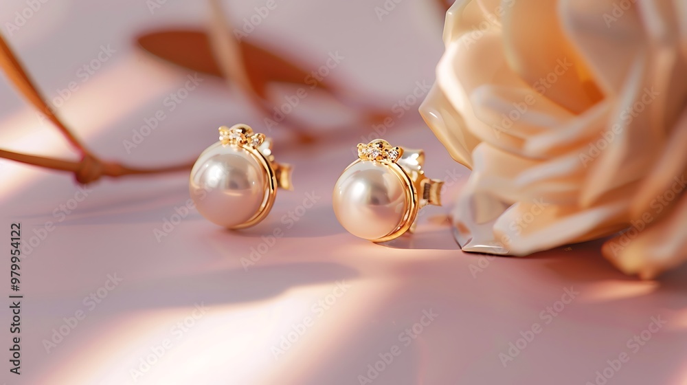 A pair of elegant pearl earrings with gold accents, captured on a soft pink background. A pair of elegant pearl earrings with gold accents, captured on a soft pink background.