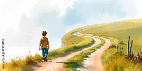 A young child walking alone behind. Watercolor illustration. Digital oil painting vector landscape. Alone boy artwork