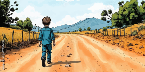 A young child walking alone behind. Watercolor illustration. Digital oil painting vector landscape. Alone boy artwork