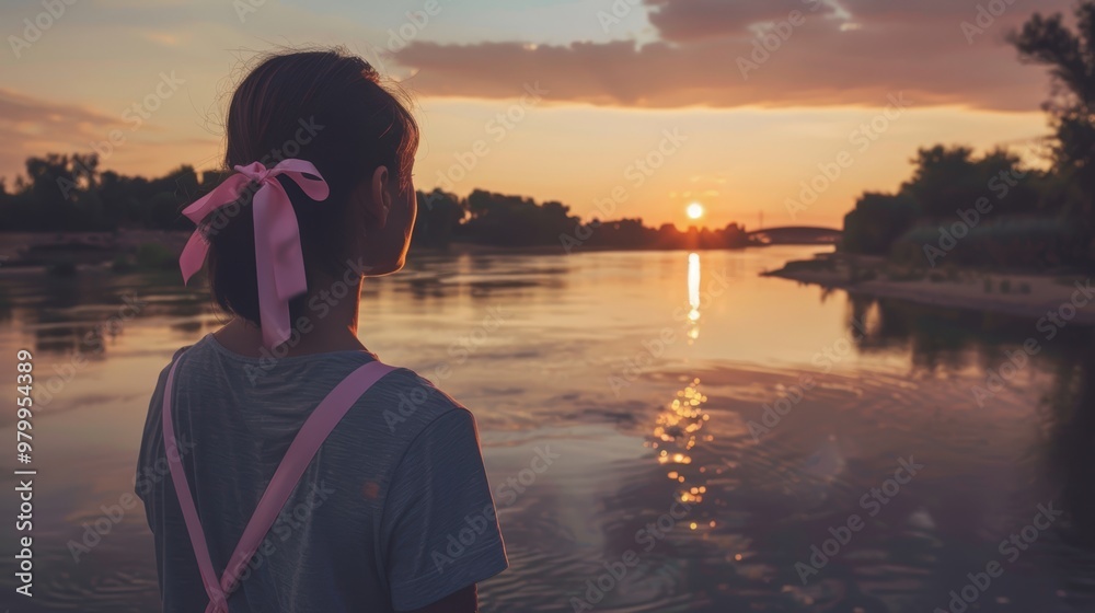 Fototapeta premium Serene Riverbank Sunset with Woman in Pink Ribbon - Peaceful Summer Evening Glow