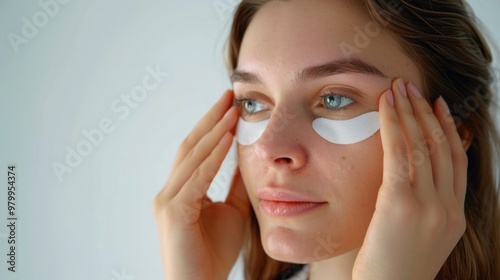 A woman is shown applying eye patches to her eyes photo