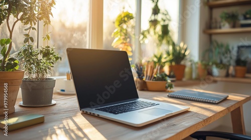 A minimalist home office setup with a repairable laptop and natural materials creating an ethical consumption atmosphere