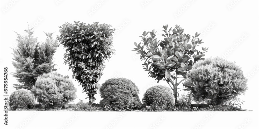 Black and white photo of trees and bushes in landscape Black and white photo of trees and bushes in landscape
