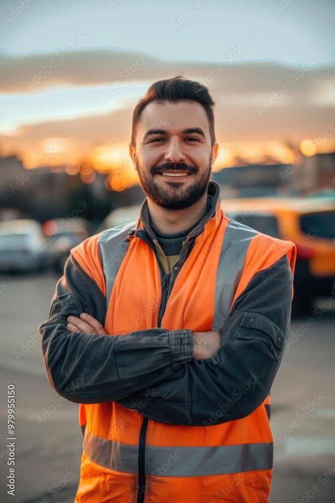 A person wearing an orange vest stands in a parking lot, possibly for safety or identification purposes A person wearing an orange vest stands in a parking lot, possibly for safety or identification purposes