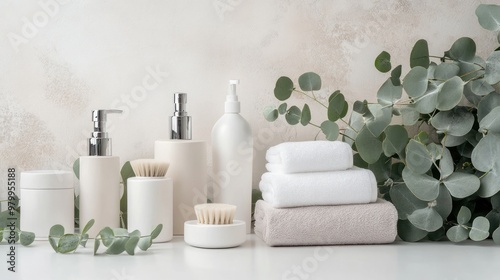 Spa Products with Eucalyptus Leaves and Towels