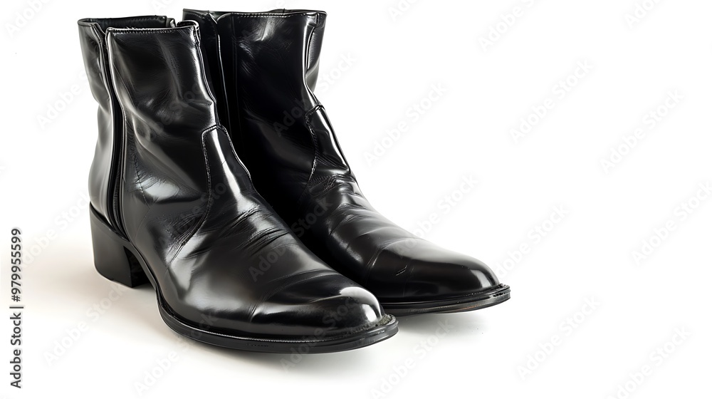 A pair of sleek black leather ankle boots, isolated on a white background. A pair of sleek black leather ankle boots, isolated on a white background.