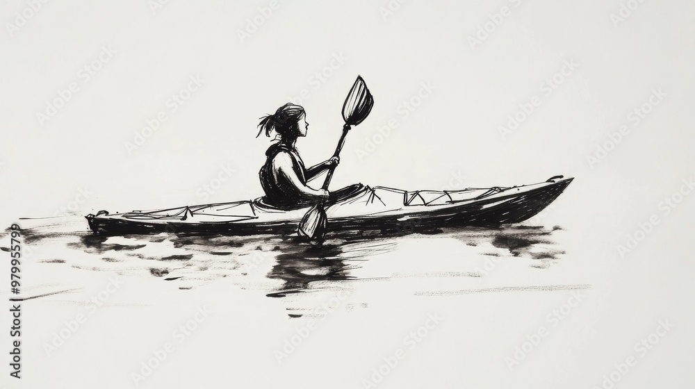 Naklejka premium Sketch drawing of a female kayaking in water