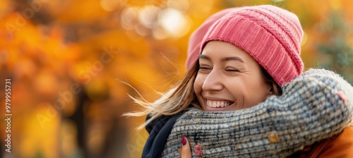 Supportive Friendship: Warm Hug After Breast Cancer Screening amidst Vibrant Fall Colors