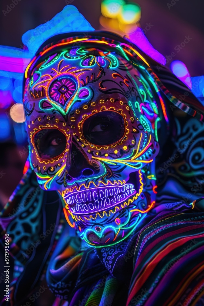 Naklejka premium Neon Sugar Skull Mask at Night Parade - Day of the Dead Celebration Under Blacklight