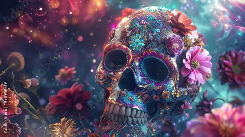 Surreal Sugar Skull with Floating Floral Elements Against a Cosmic Background for Dia de los Muertos