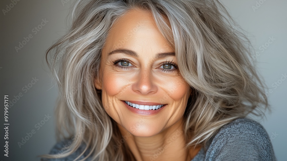 Naklejka premium A portrait of a 50-year-old Caucasian woman with youthful skin. Beautiful smiling 50-year-old woman with an oval face.