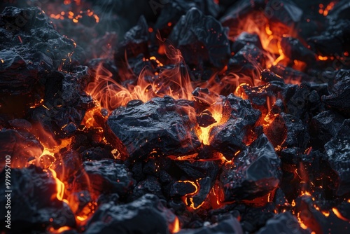 Scenic view of molten lava flowing over rocky terrain, perfect for use in science or nature-themed projects