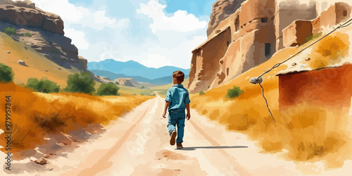 A young child walking alone behind. Watercolor illustration. Digital oil painting vector landscape. Alone boy artwork