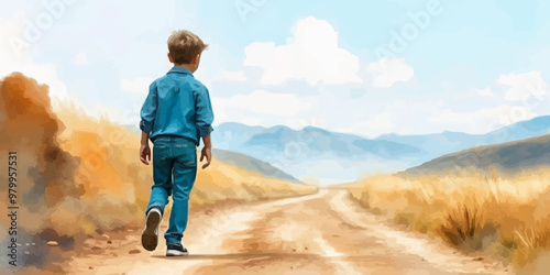 A young child walking alone behind. Watercolor illustration. Digital oil painting vector landscape. Alone boy artwork