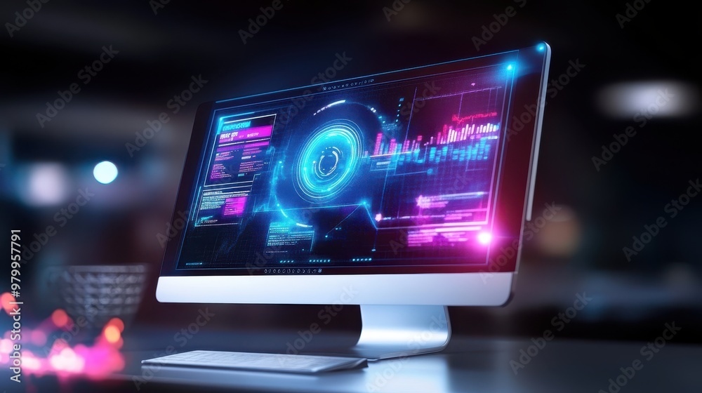 A sleek computer monitor displaying Black Friday deals, with glowing sale tags and discount percentages on the screen. A sleek computer monitor displaying Black Friday deals, with glowing sale tags and discount percentages on the screen.