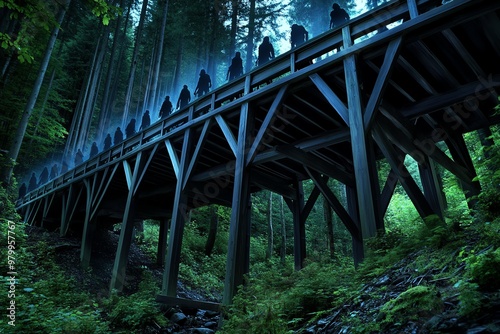 A wooden bridge in the middle of a forest, where shadowy figures lurk beneath its beams