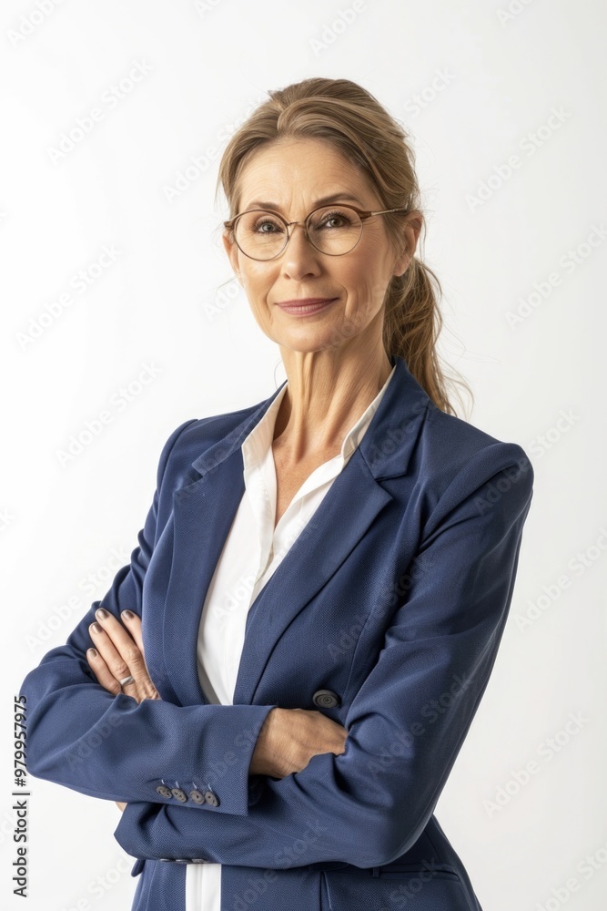 A woman wearing a blue jacket and glasses, standing against a neutral background A woman wearing a blue jacket and glasses, standing against a neutral background