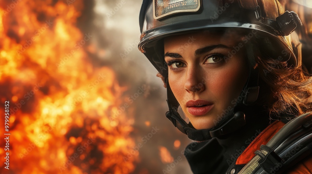 A dedicated female firefighter fights against intense flames, showcasing her strength and determination while working to control the fire in a challenging situation A dedicated female firefighter fights against intense flames, showcasing her strength and determination while working to control the fire in a challenging situation