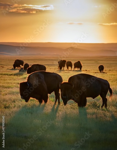 Grazing Bison Herd Roaming Freely on the American Prairie photo