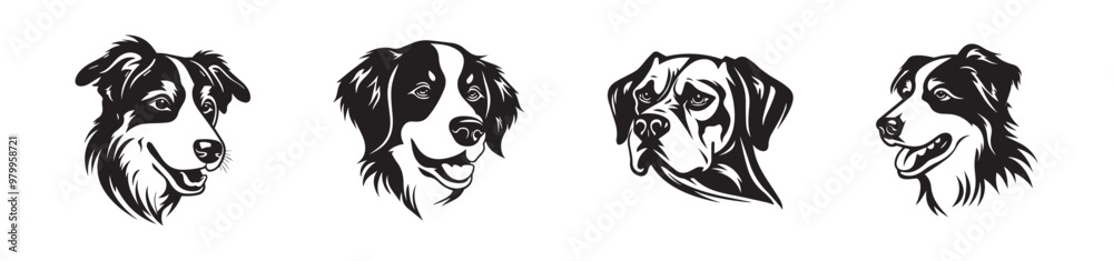 Set of four black and white dog head Silhouette illustrations isolated on a white background. Concept of dog portraits, pets, canine art, dog breeds. Print, icon, design elements Set of four black and white dog head Silhouette illustrations isolated on a white background. Concept of dog portraits, pets, canine art, dog breeds. Print, icon, design elements