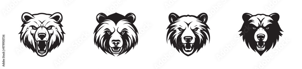 Set of bear head illustrations in black and white isolated on a white background. Concept of wild animals, bear head icons, fierce expressions, graphic bear designs. Print, icon, design elements Set of bear head illustrations in black and white isolated on a white background. Concept of wild animals, bear head icons, fierce expressions, graphic bear designs. Print, icon, design elements