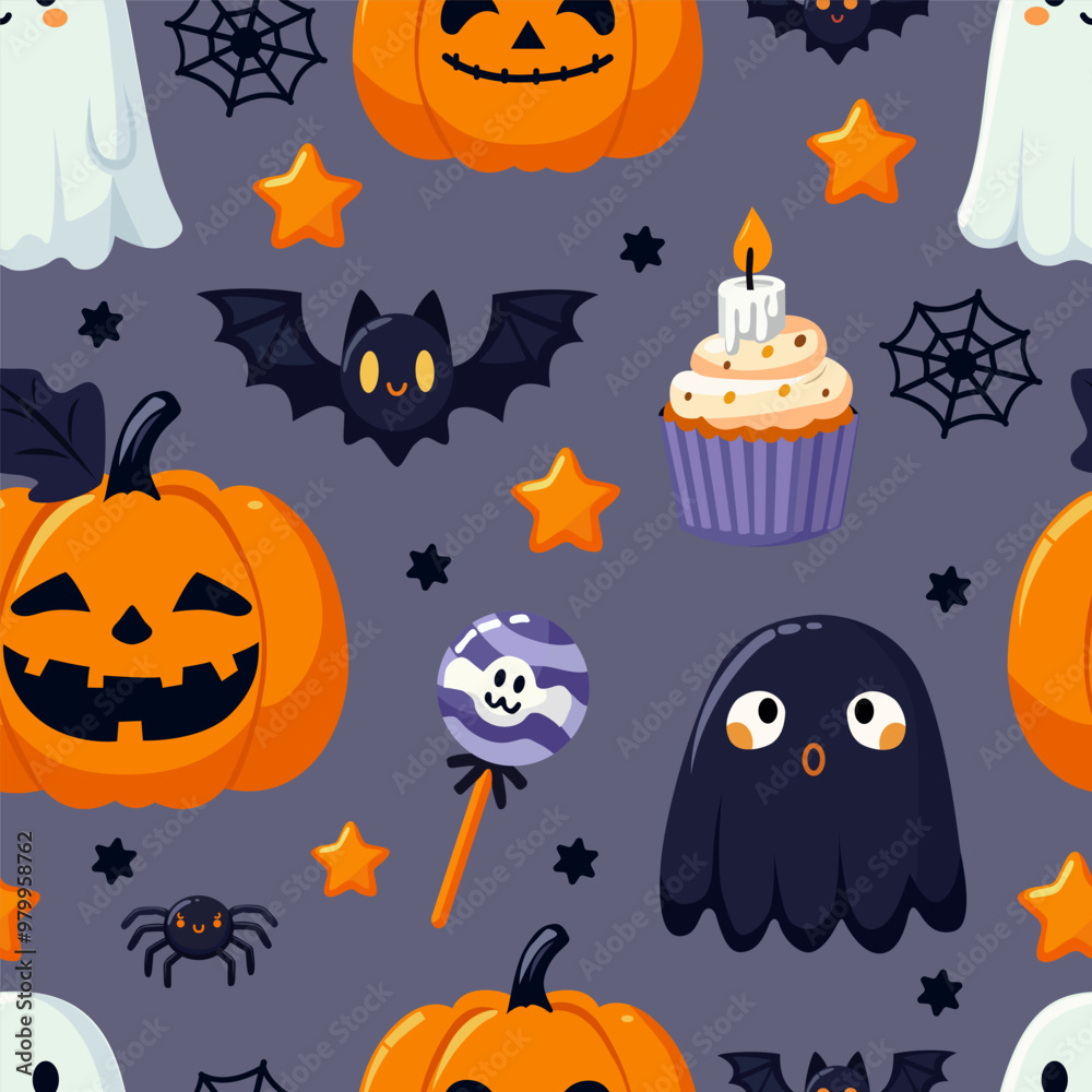 Fototapeta premium Halloween seamless pattern with scary characters. Vector illustration with ghosts, pumpkins, spider and lollipop.
