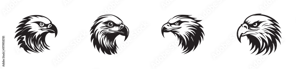 Obraz premium Set of black eagle silhouettes isolated on a white background. Concept of majestic bird illustration, powerful raptor, minimalist style, fierce predator. Print, icon, design elements