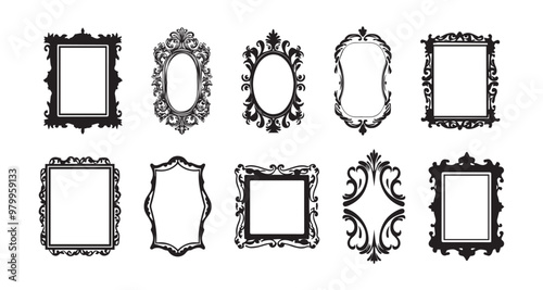 Set of ornate black silhouetted picture frames isolated on a white background. Concept of decorative vintage elements, elegant ornamented borders, classic design accents. Design elements. Copy space