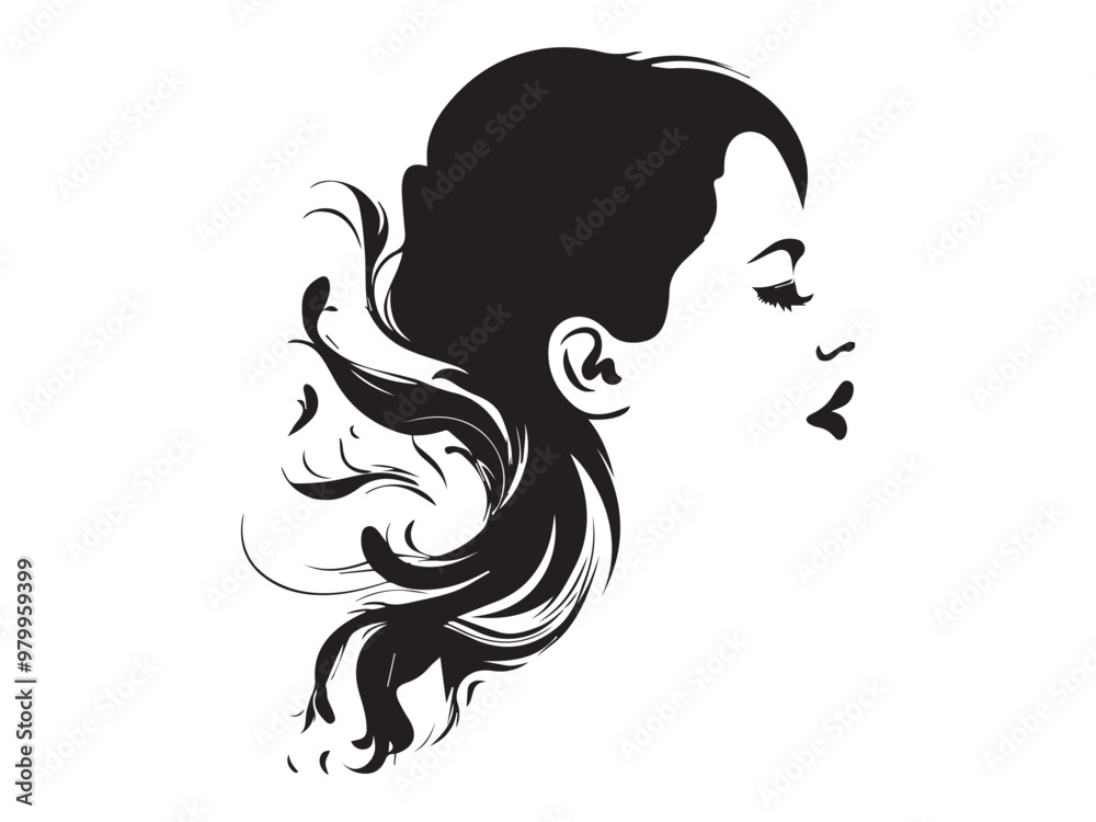 Silhouette of a woman's profile with flowing hair illustration. Concept of female elegance, minimalist art, beauty, portrait design. Print, icon, design elements Silhouette of a woman's profile with flowing hair illustration. Concept of female elegance, minimalist art, beauty, portrait design. Print, icon, design elements