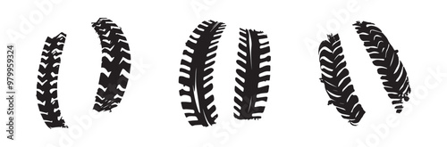 Set of tire tracks isolated on a white background. Concept of tire patterns, automobile tracks, vehicle footprint, tire tread designs. Print, icon, design elements