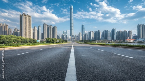 Asphalt highway road and city skyline with modern buildings scenery in Guangzhou. Car background..generative ai