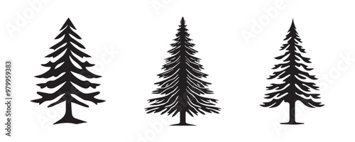 Black Conifer Tree Silhouettes Isolated on a White Background. Concept of Nature Illustration, Evergreen Trees, Pine, Spruce, Fir, Minimalist Style, Forest. Print, Icon, Design Element