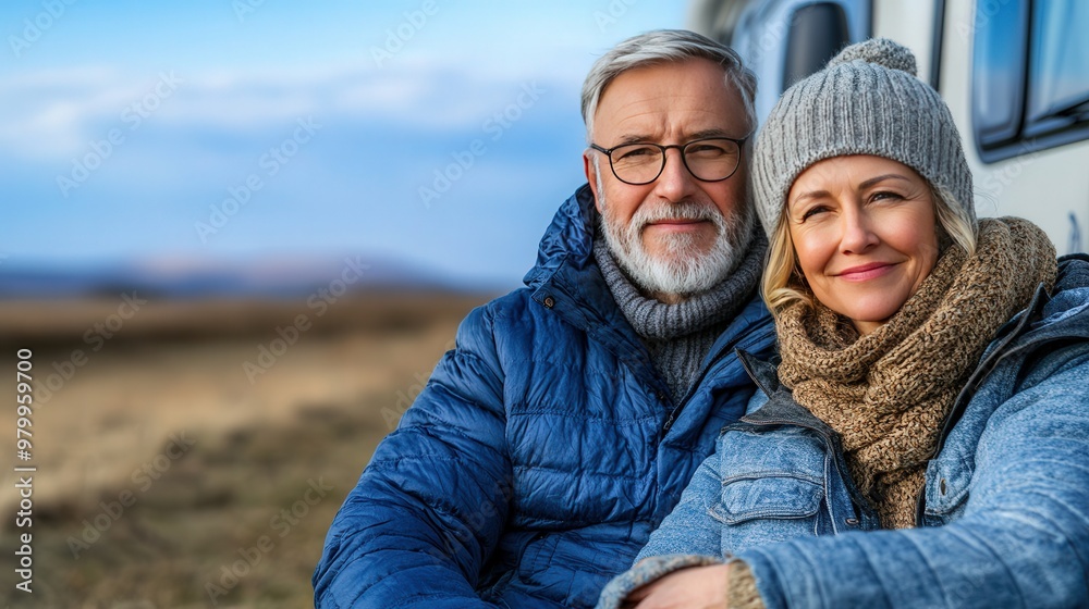 close up of mature couple sitting next to their RV traveling the country close up of mature couple sitting next to their RV traveling the country