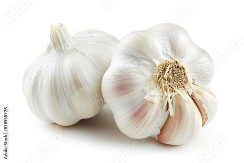 Fresh garlic bulbs on a white surface