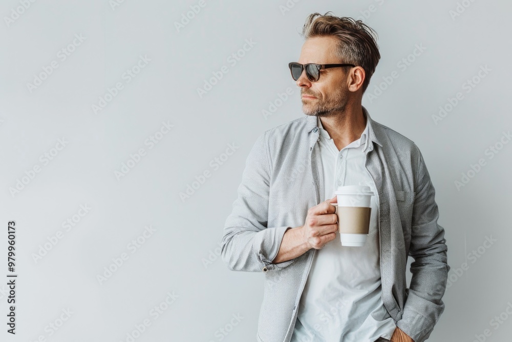 A person enjoying a cup of coffee while wearing sunglasses, suitable for use in lifestyle or beverage advertising A person enjoying a cup of coffee while wearing sunglasses, suitable for use in lifestyle or beverage advertising