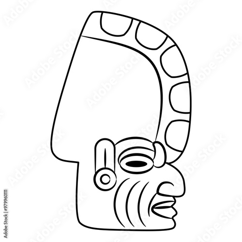 Totonac human head. Native American art. Pre Columbian Mexican Indian design. Portrait of a man in profile. Black and white linear silhouette.