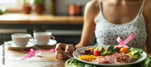 Fototapeta Naklejka Na Ścianę i Meble -  Woman Enjoying Healthy Breakfast with Fresh Fruits and Vegetables Highlighting Breast Health Awareness