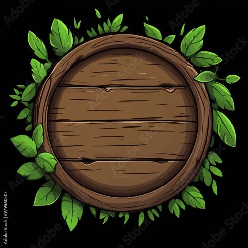 Wooden round button with green leaves, ideal for video game assets or cartoon-themed projects. Fun and nature-inspired design.