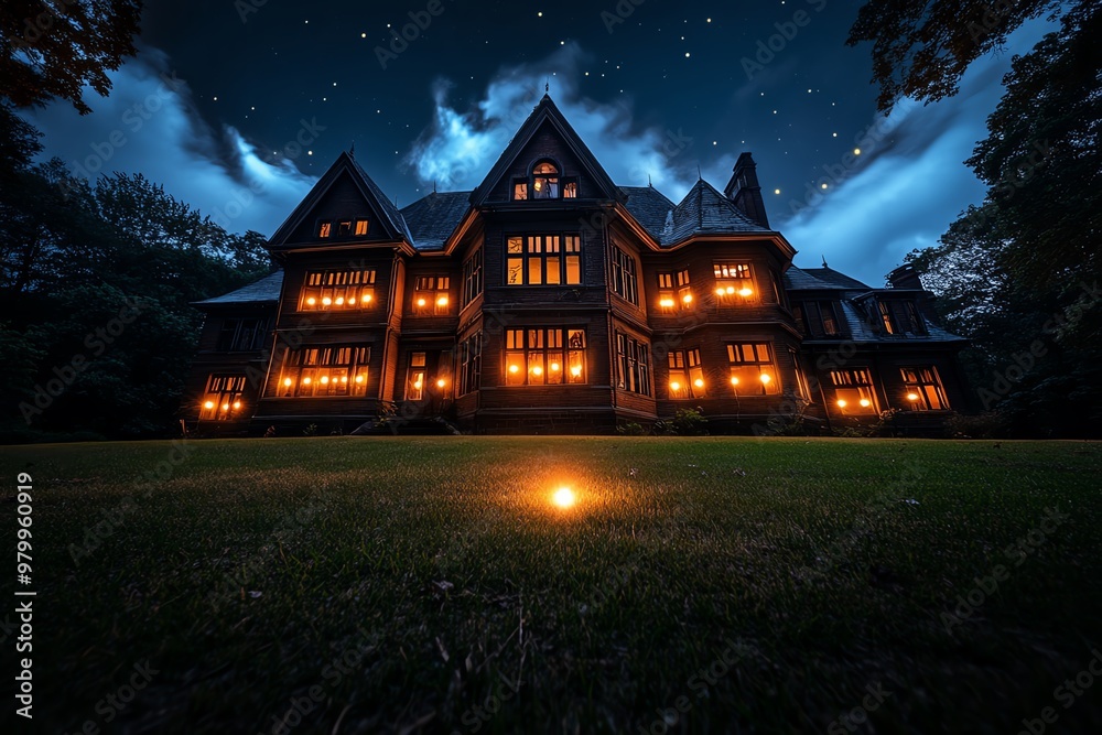 An abandoned mansion on the outskirts of town, with strange lights flickering in the windows at night An abandoned mansion on the outskirts of town, with strange lights flickering in the windows at night