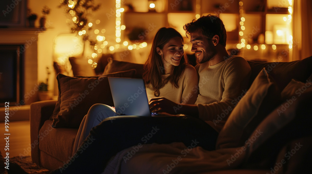 Young Couple Video Calling Friends on Cozy Sofa in Warmly Lit Modern Living Room Interior Young Couple Video Calling Friends on Cozy Sofa in Warmly Lit Modern Living Room Interior